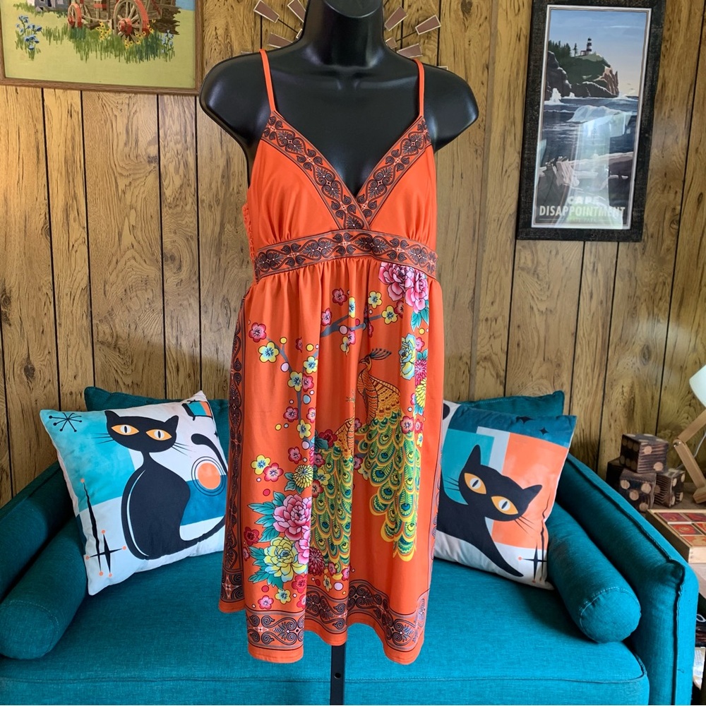 Flying Tomato Bright Orange Floral Peacock Mini Dress